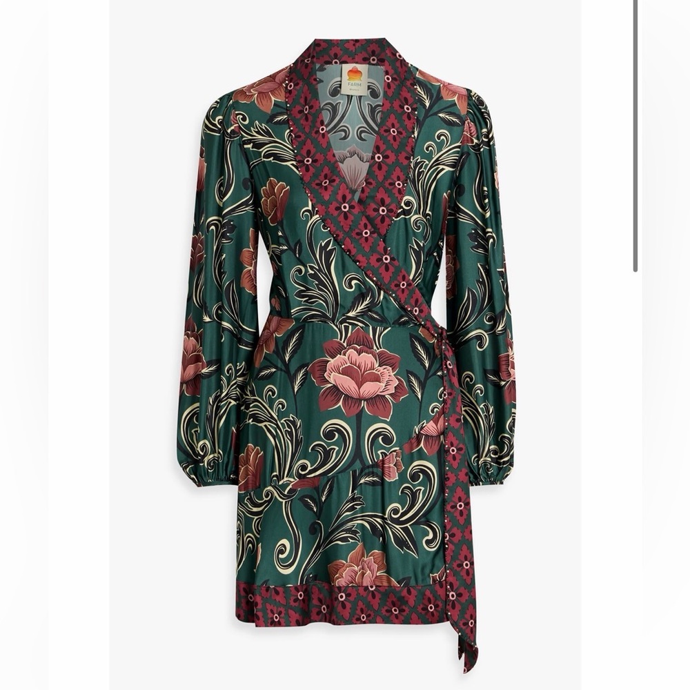 Farm Rio Bead-embellished floral-print crepe de chine mini wrap dress